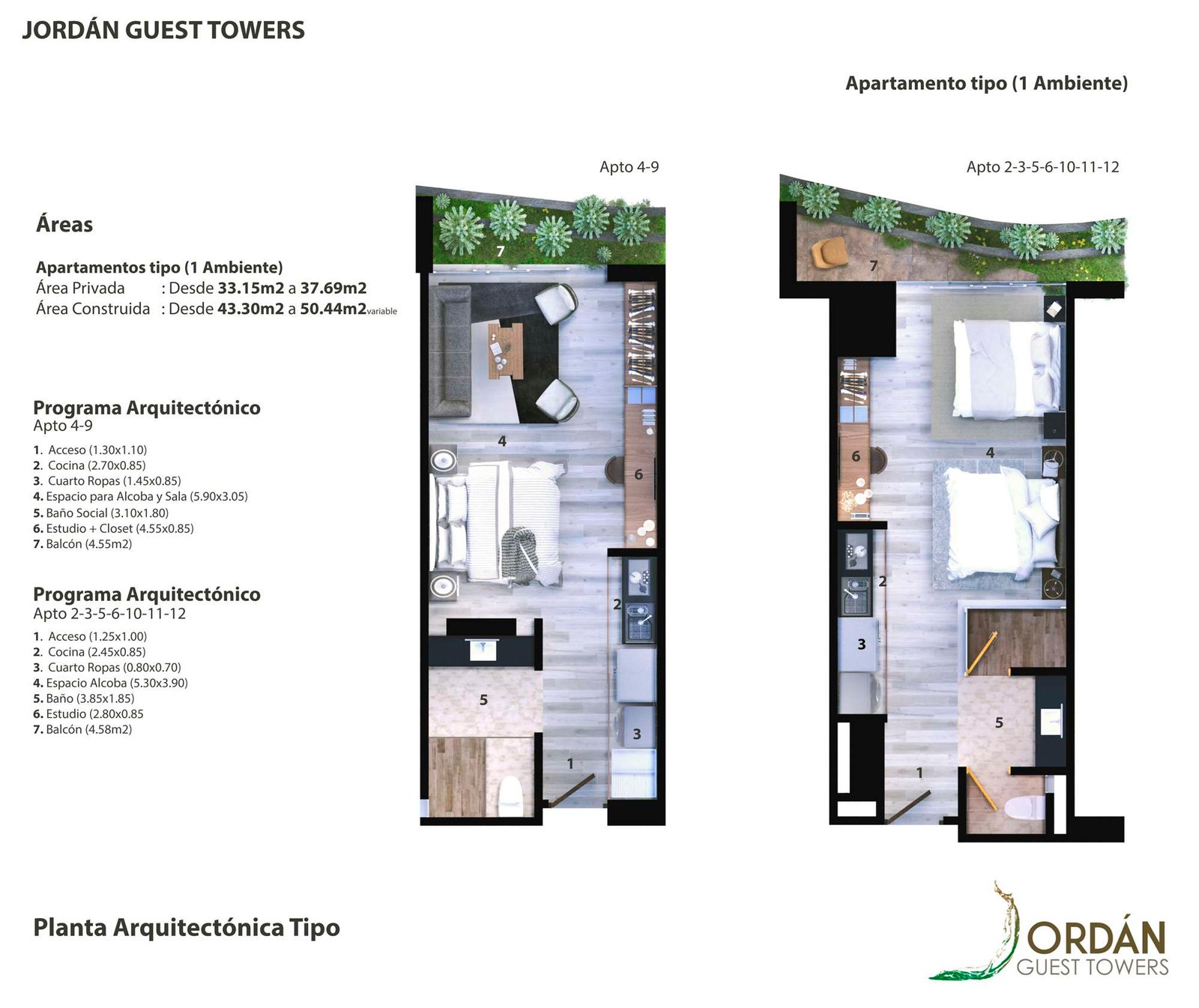 Planta arquitectónica apartamento 1 ambiente Guest Towers proyecto Armenia